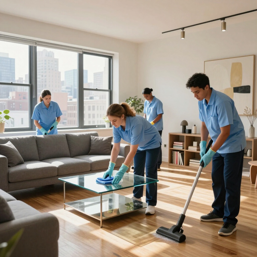 Cleaning crew vacuuming and wiping a glass coffee table in a bright living room