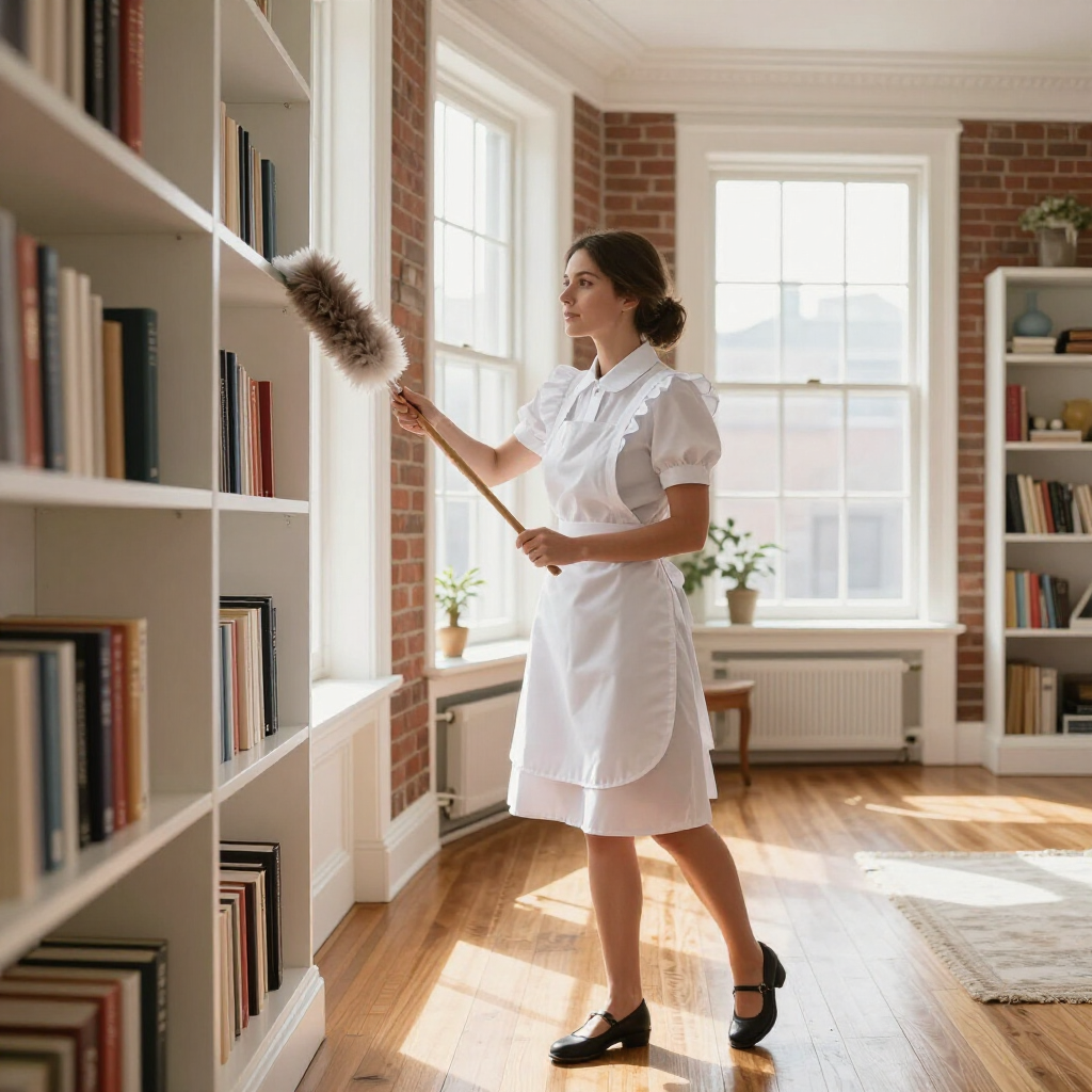 Woman in a white apron dusts books on a shelf in a sunlit library room.
