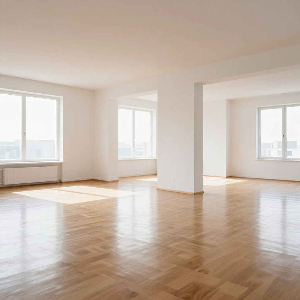 Bright empty living room with hardwood floors, large windows, and sunlight streaming in