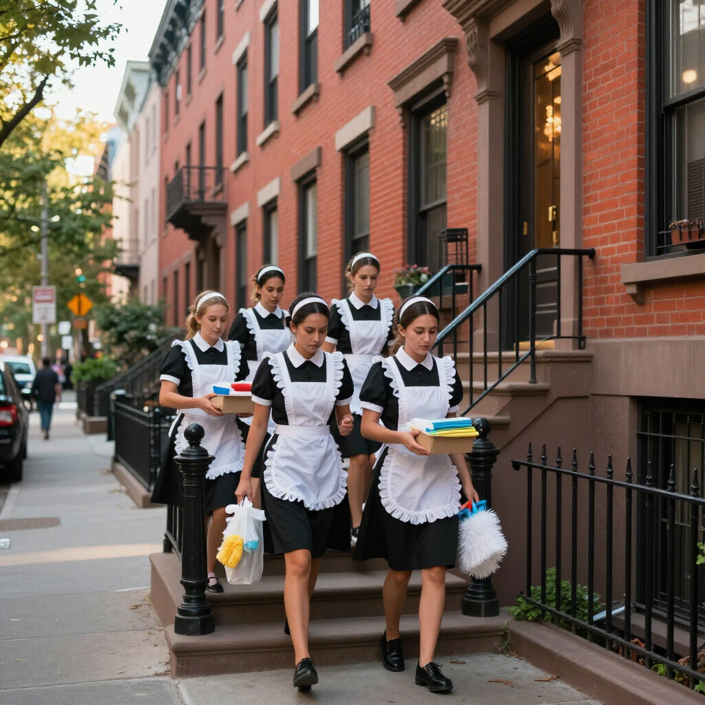 Uniformed restaurant staff carrying food trays on a city sidewalk outside brick buildings