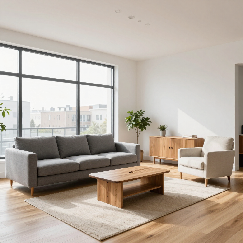 Bright modern living room with gray sofa, cream chair, wooden coffee table, and large window light