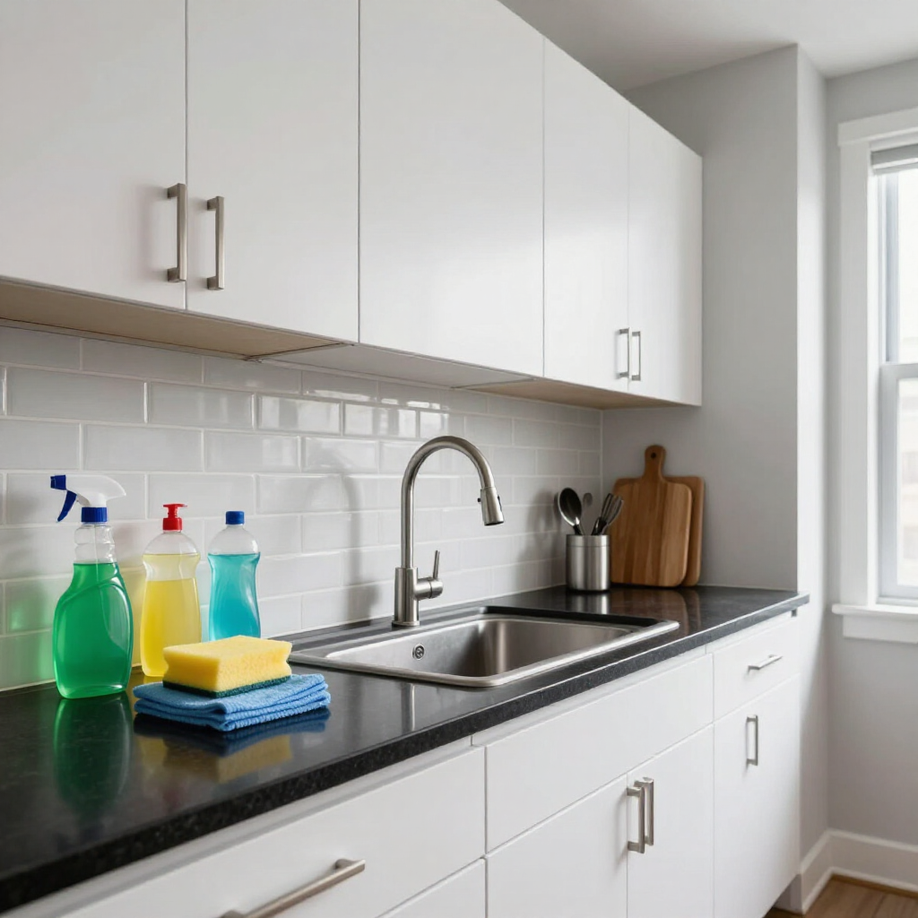 Bright modern kitchen with white cabinets, black countertop, sink, dish soap, sponge, and cleaning supplies