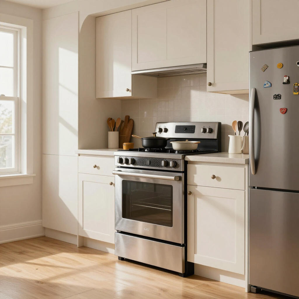 Bright kitchen with white cabinets, stainless steel stove, and refrigerator beside a sunlit window.