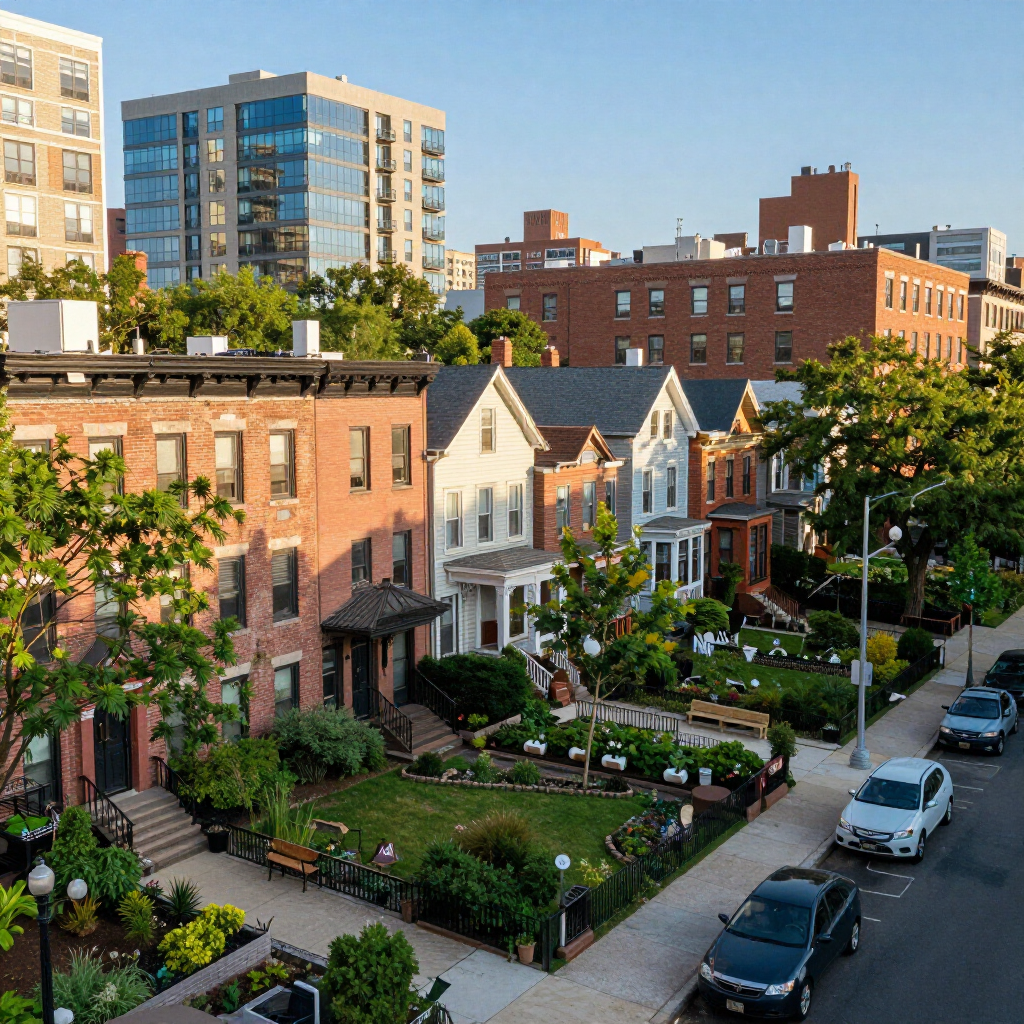 Row of brick and painted townhouses with front gardens on a tree-lined city street at sunset