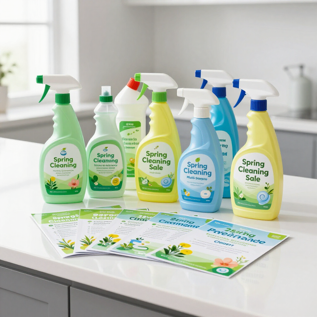 Assorted Spring Cleaning Sale spray bottles and flyers on a white table