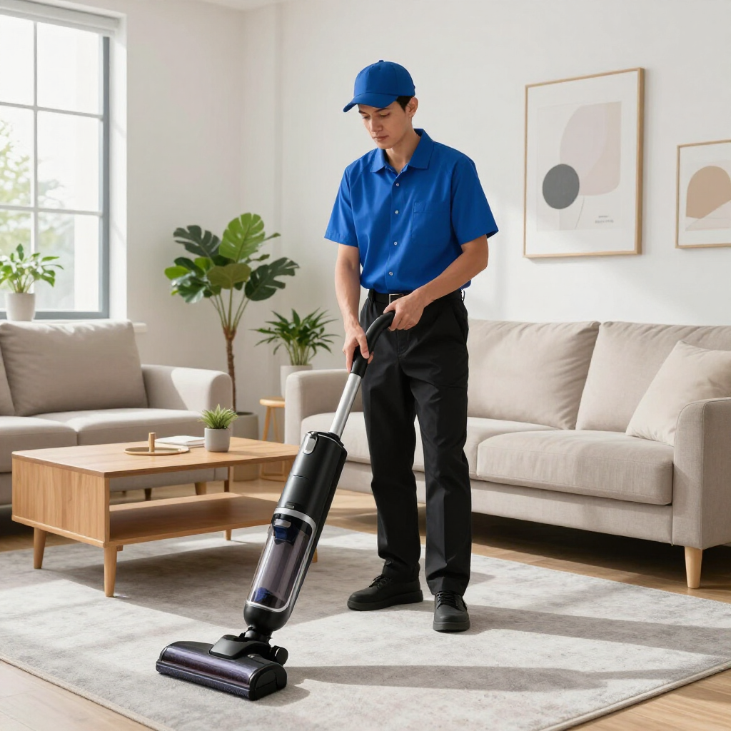 Person using a cordless vacuum on a light rug in a modern living room.