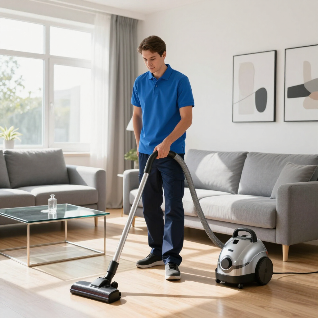 Person vacuuming a bright living room beside a gray sofa and canister vacuum cleaner