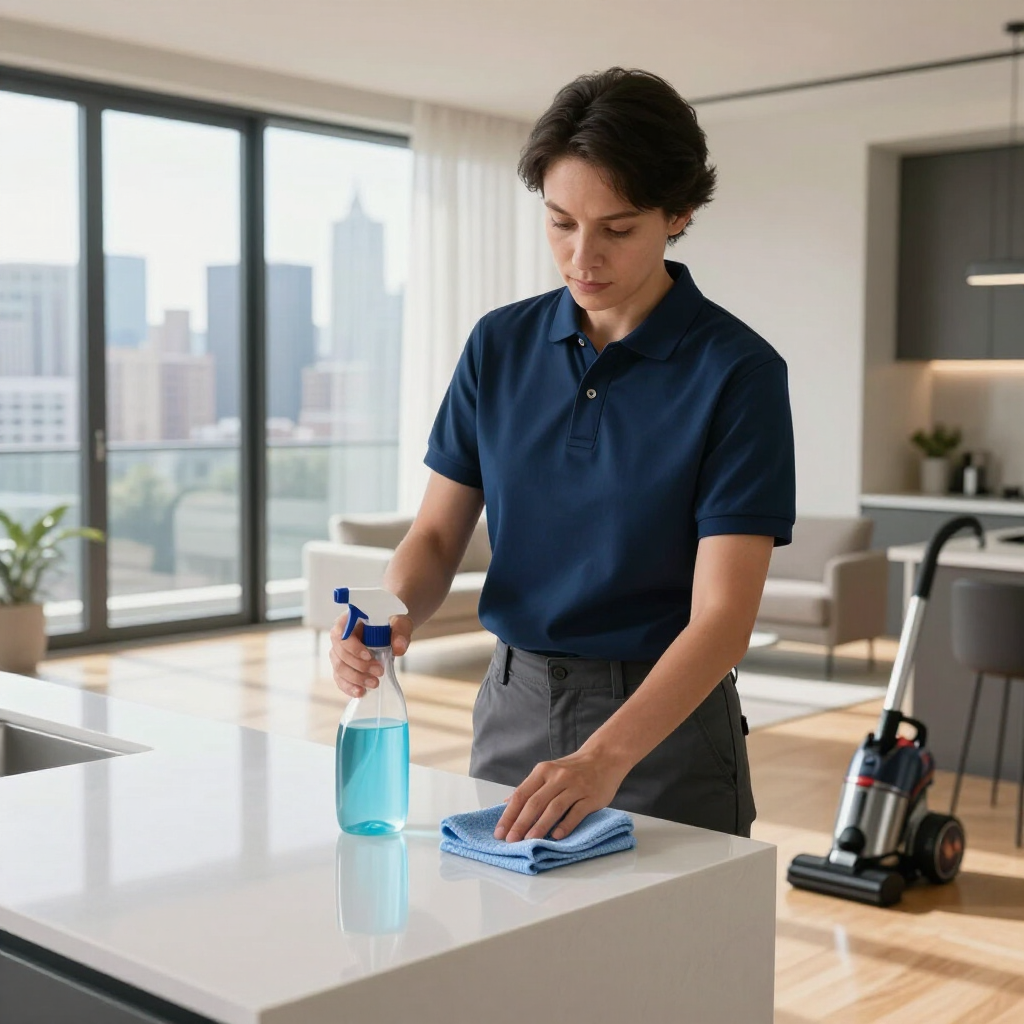 Person cleaning a kitchen countertop with spray bottle and cloth in a bright modern apartment