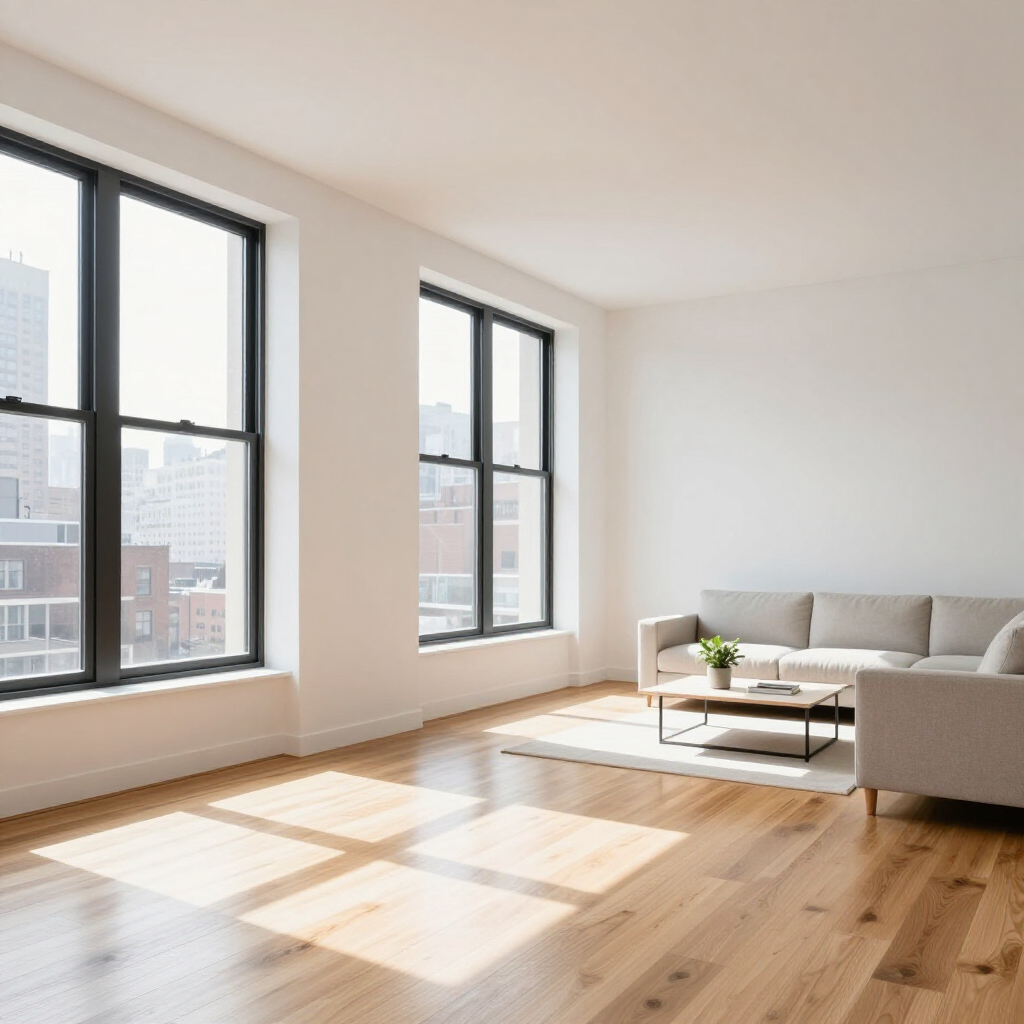 Bright modern living room with large windows, light wood floors, and a gray sofa by a coffee table.