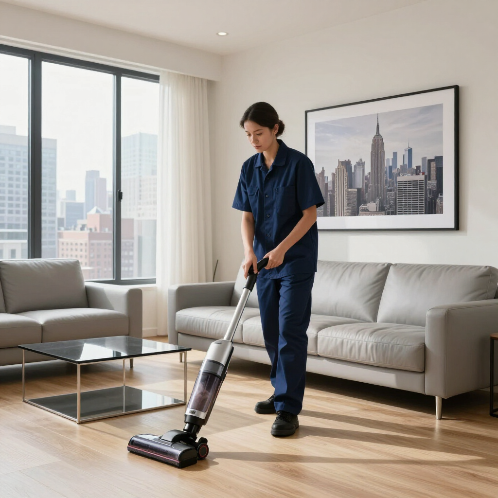Person vacuuming a modern living room with a cordless upright vacuum