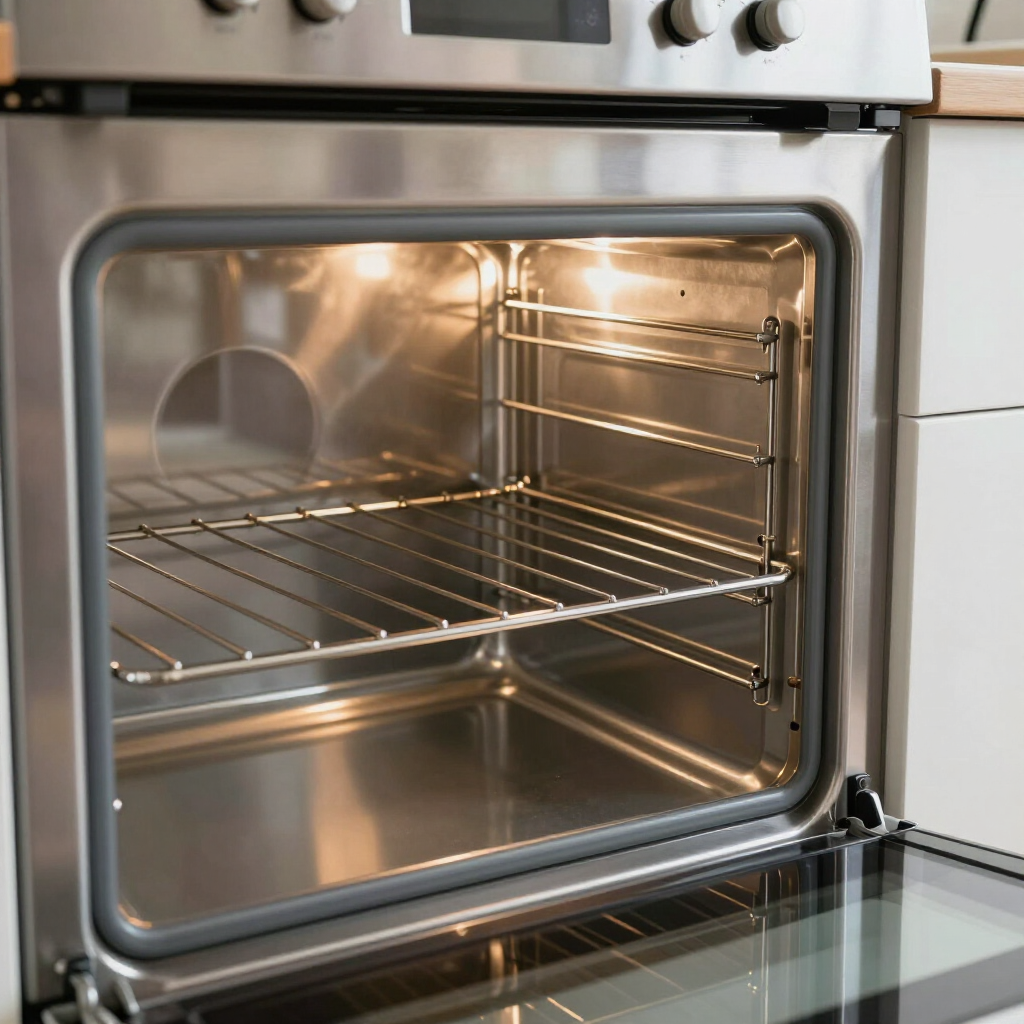 Open oven with stainless steel interior and two racks in a kitchen