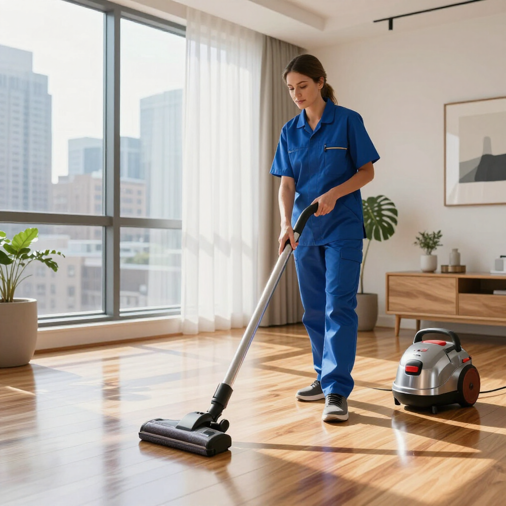 Person vacuuming a sunlit modern living room with a canister vacuum cleaner.