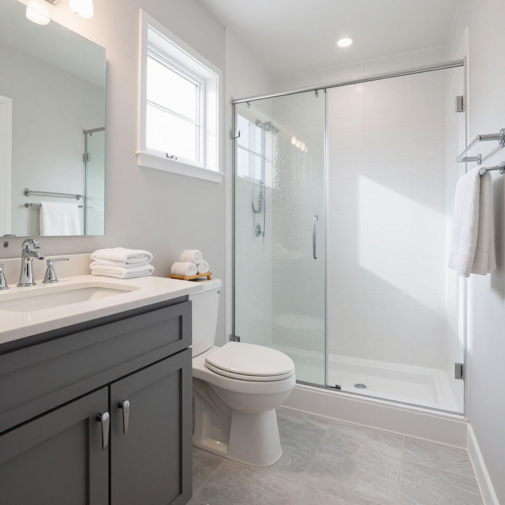 Bright modern bathroom with gray vanity, toilet, and glass shower enclosure on light tile floor