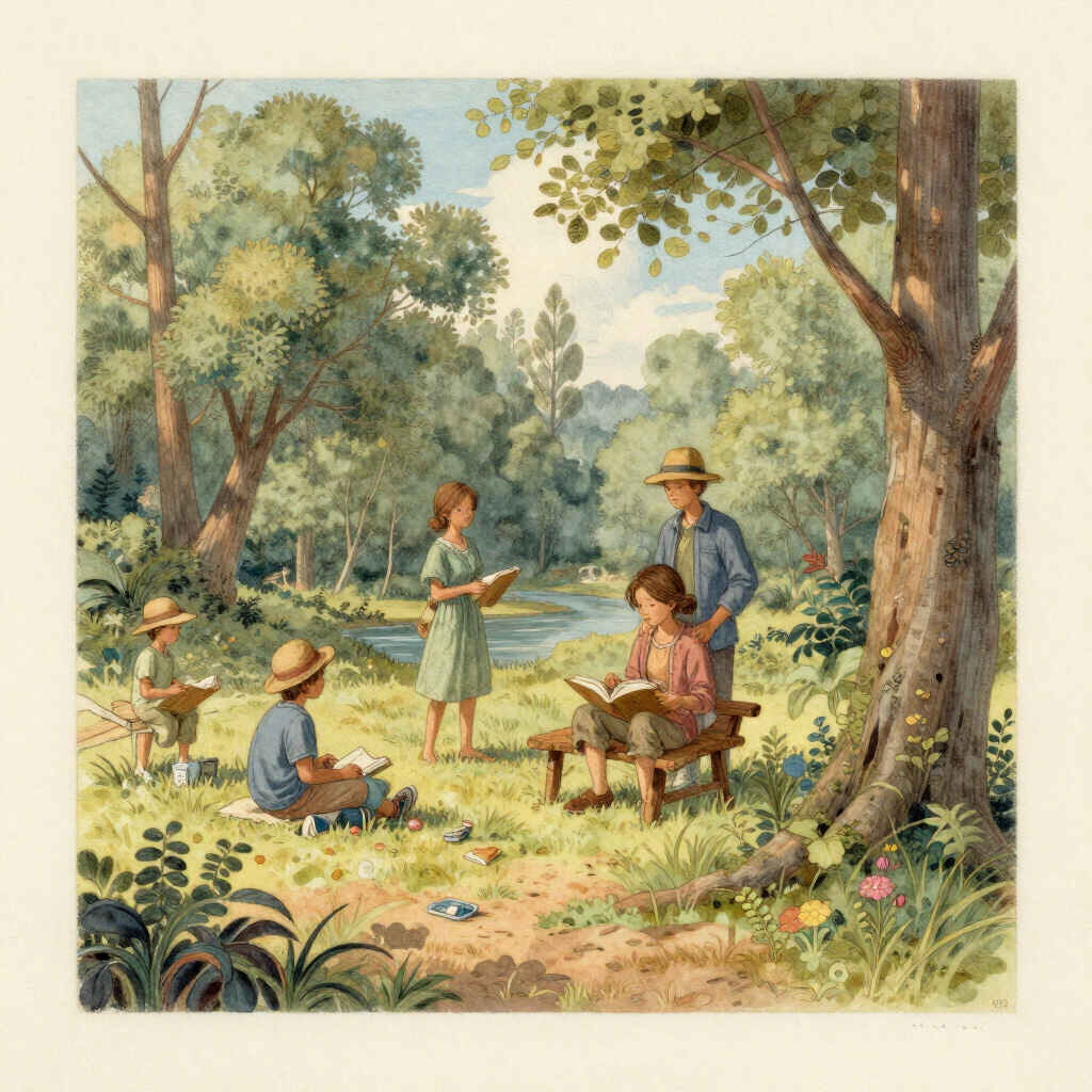 People reading in a sunny park under tall trees, with a child and two adults gathered around a bench.