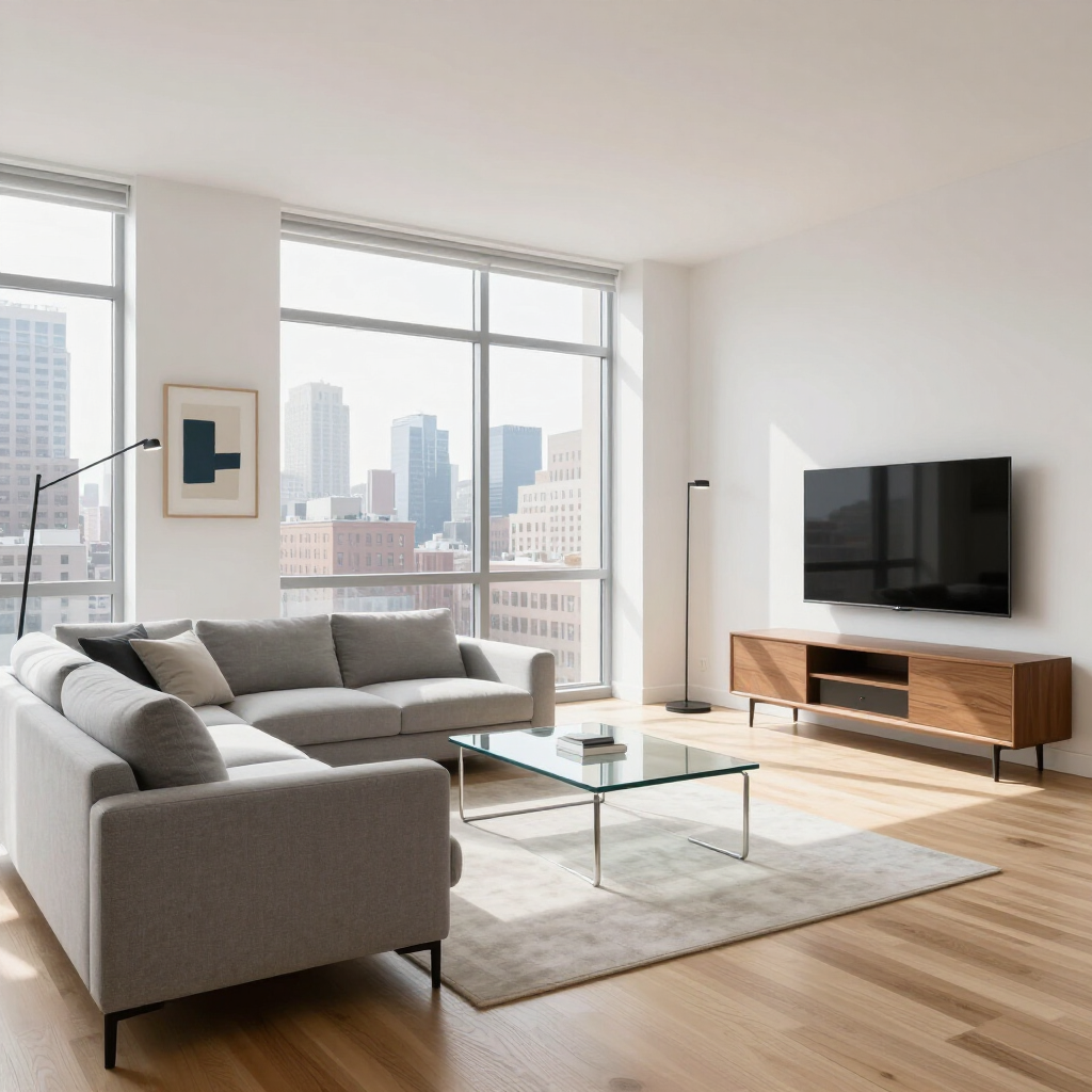 Bright modern living room with gray sectional, glass coffee table, wall-mounted TV, and city view windows
