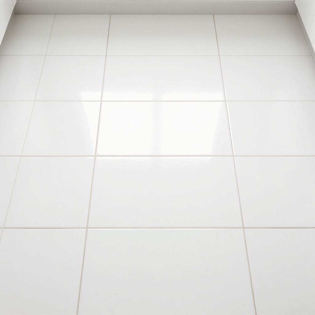 White tiled floor with a bright glare from overhead light