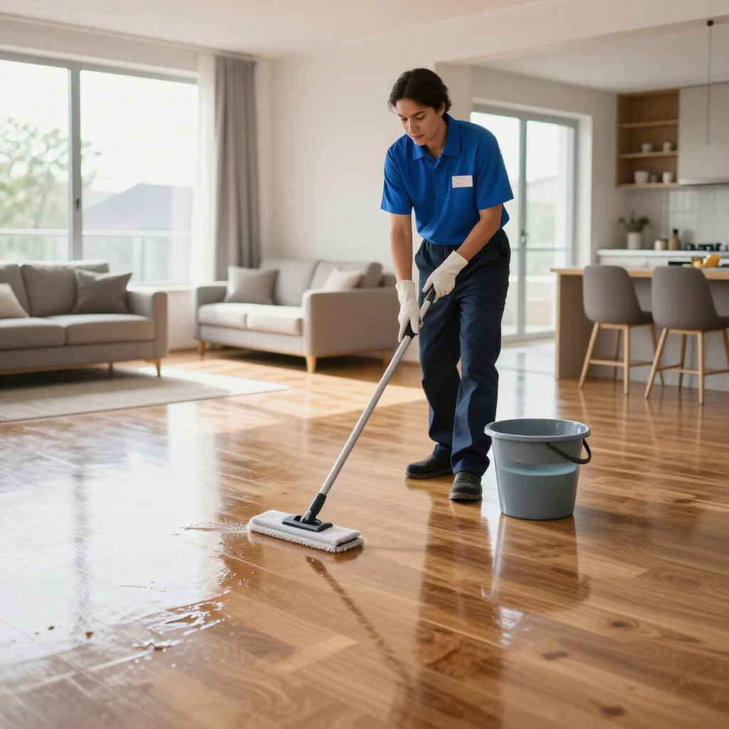 Cleaner mopping a hardwood floor in a bright living room, with a bucket nearby.
