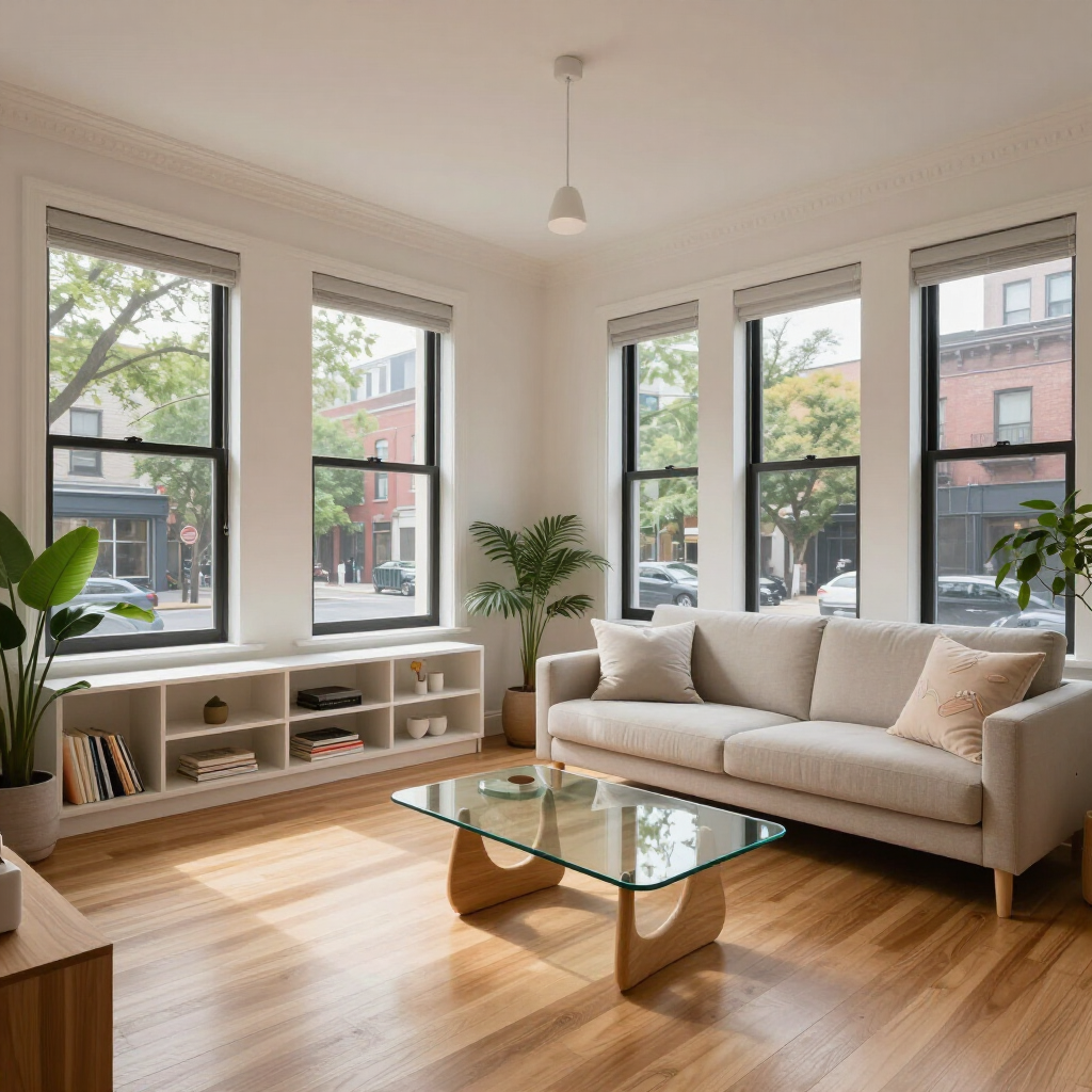 Bright living room with large windows, white sofa, glass coffee table, plants, and warm wood floors