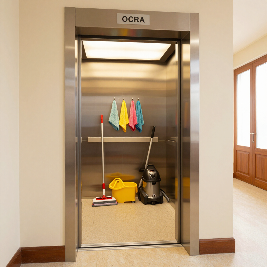 Stainless-steel elevator labeled OCRA with cleaning supplies and mops inside a hallway.