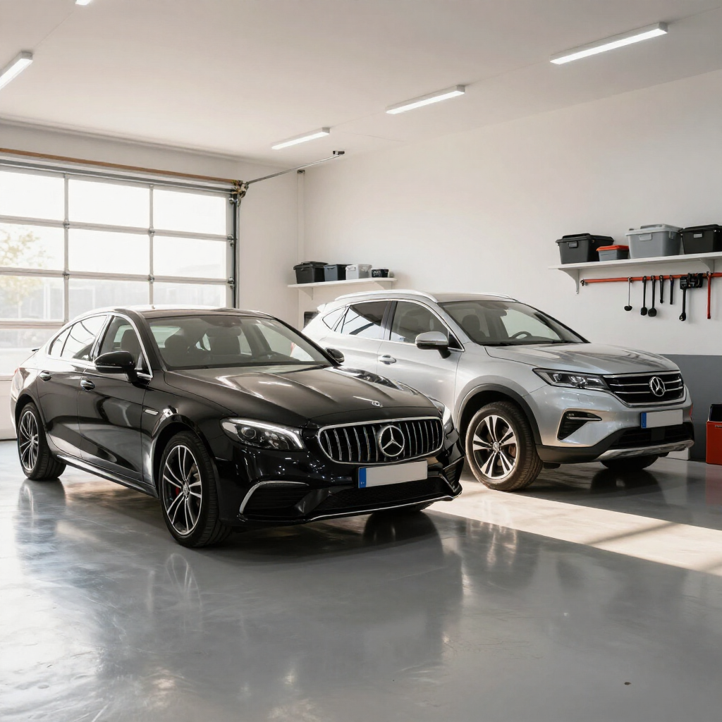 Two Mercedes SUVs, one black and one silver, parked inside a bright garage