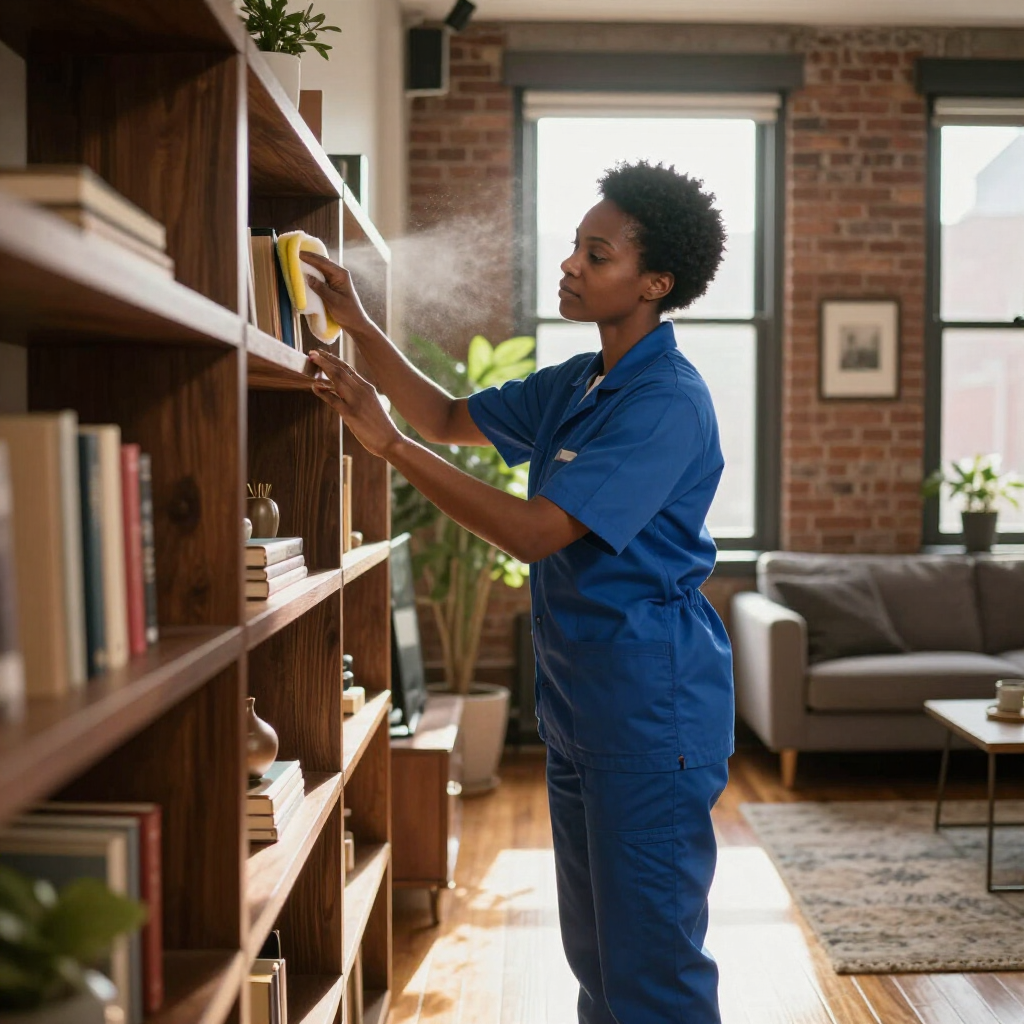 Person cleaning a bookshelf in a sunlit living room with a spray bottle