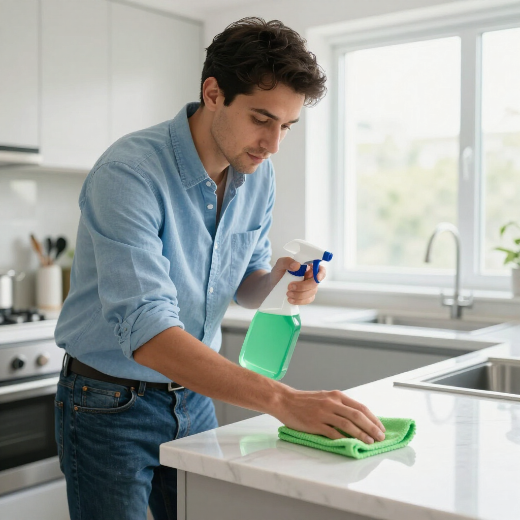 Man cleaning a kitchen counter with spray cleaner and green cloth in a bright modern kitchen