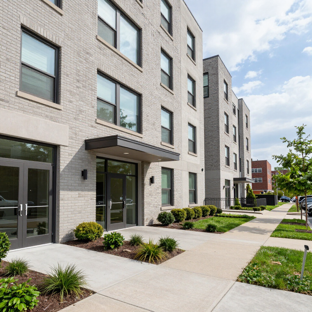 Modern apartment building exterior with sidewalk, landscaping, and glass entry doors
