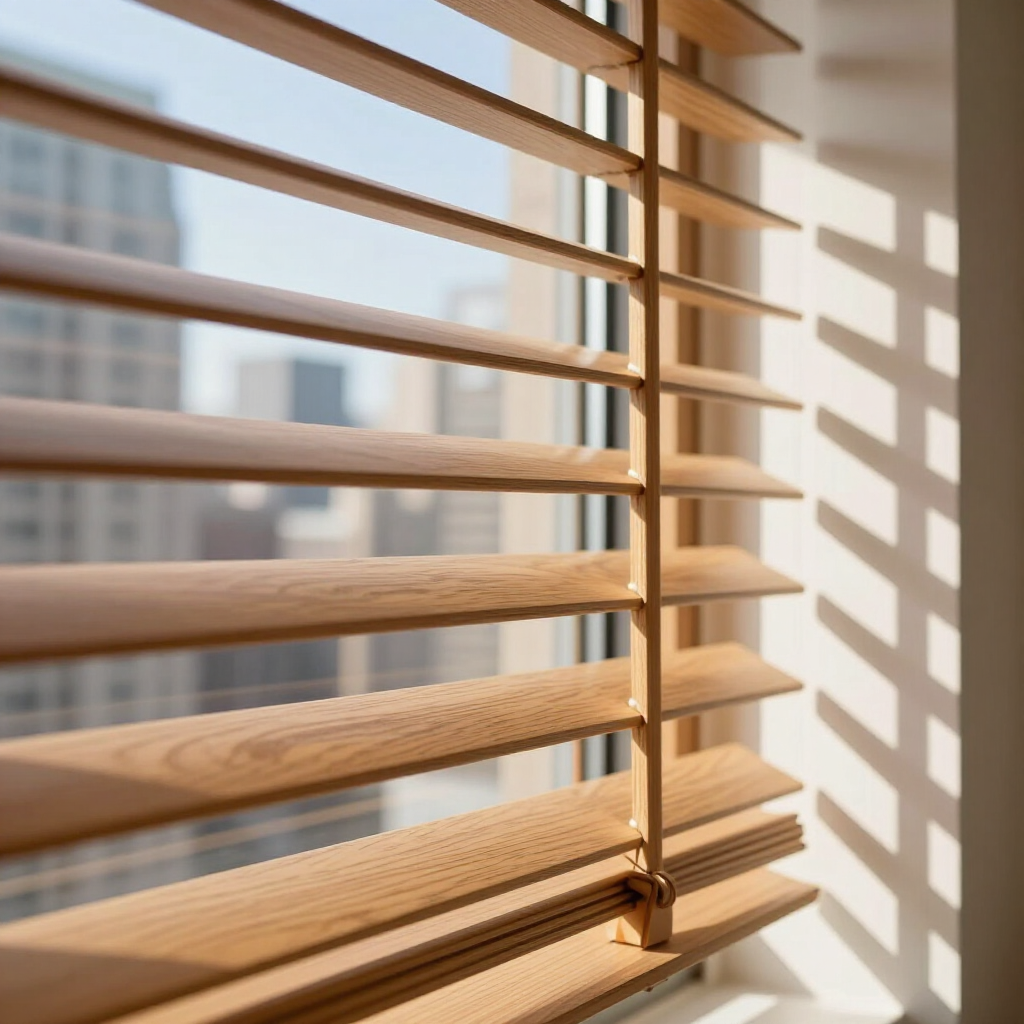 Sunlit wooden window blinds with slats casting shadows on a white wall