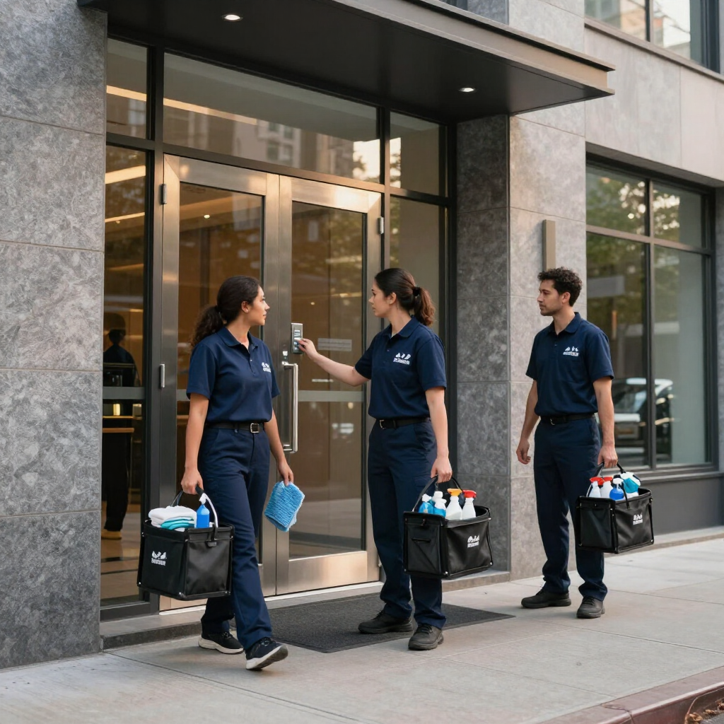 Three uniformed cleaners carrying supplies outside a modern glass building
