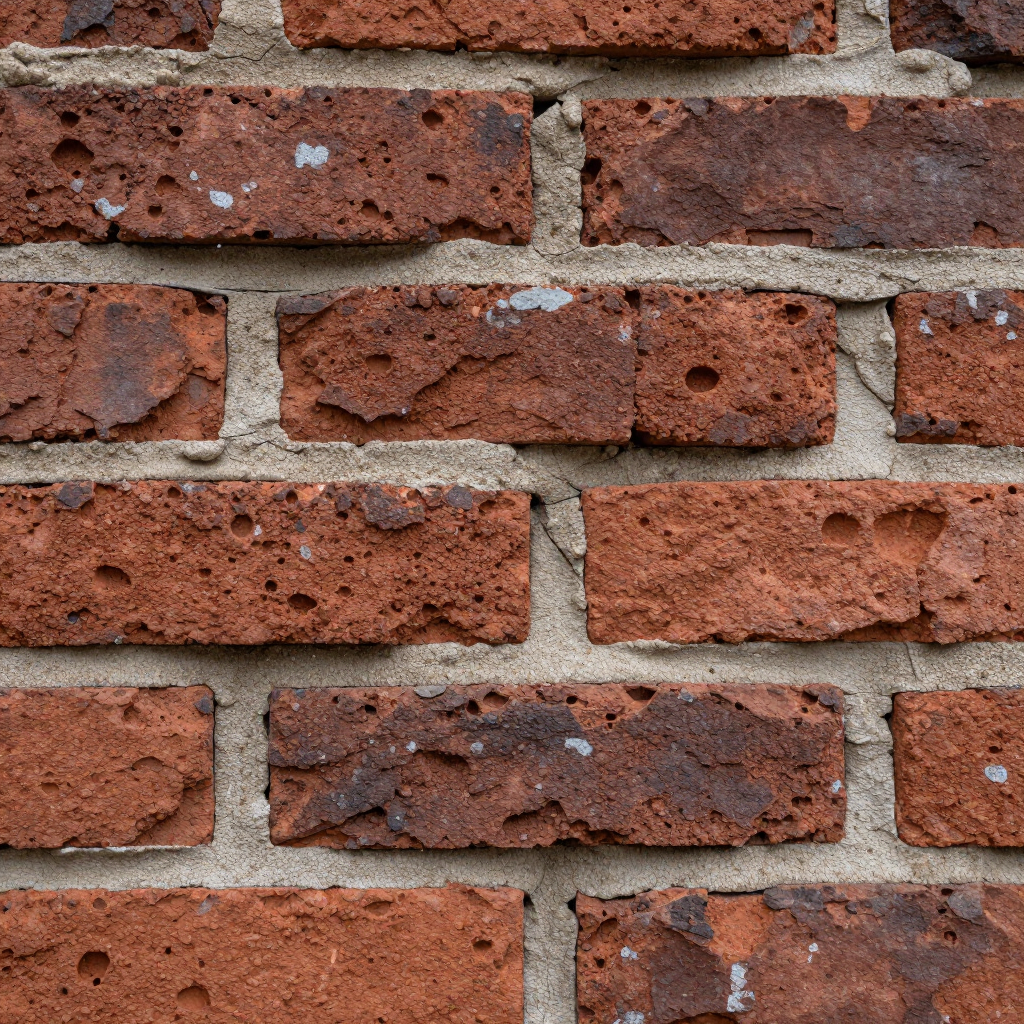 Close-up of a weathered red brick wall with gray mortar and chipped surfaces