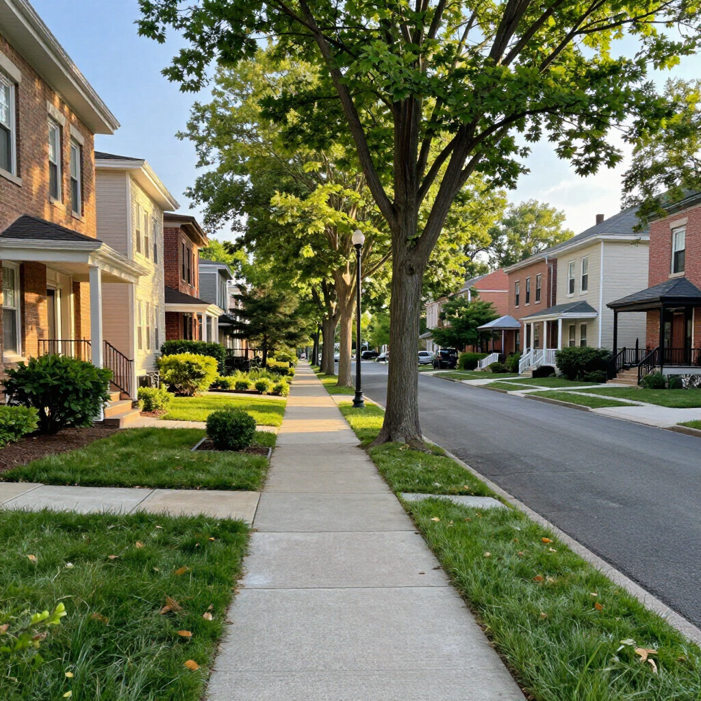 Tree-lined suburban sidewalk beside brick townhouses on a quiet residential street at sunset