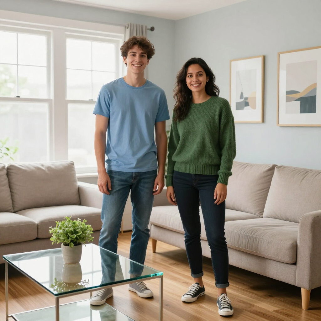 Two people standing in a bright living room beside a beige sofa and glass coffee table