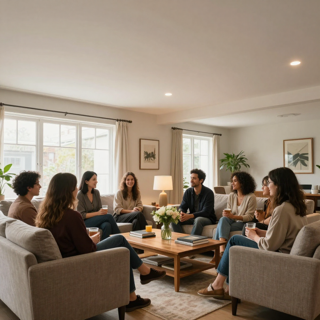 People seated in a bright living room, gathered in a circle for a group discussion.