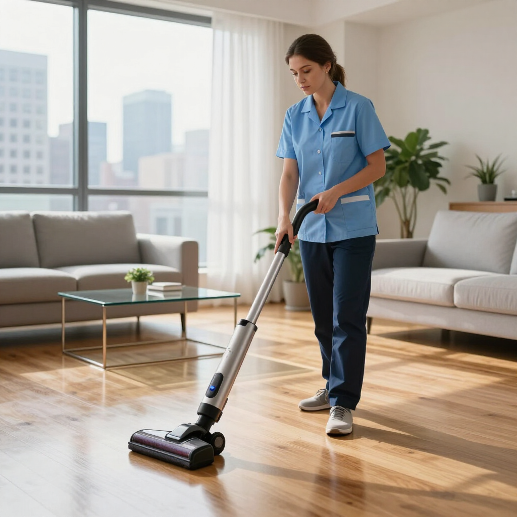 Woman vacuuming a bright living room with a cordless stick vacuum
