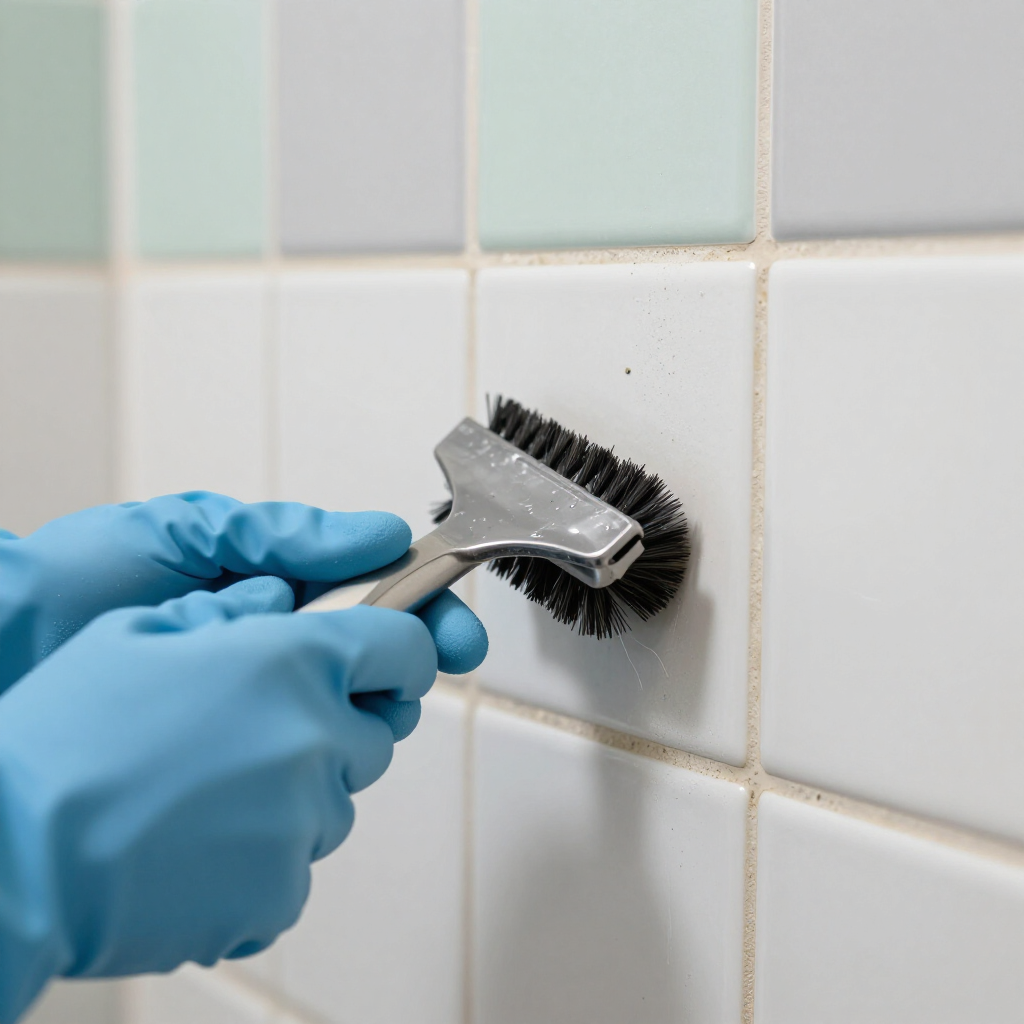 Blue-gloved hands scrub a white tiled wall with a black-bristled brush.