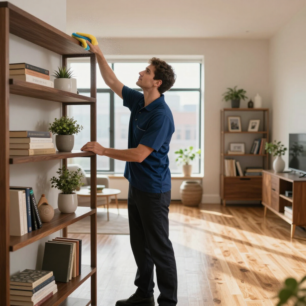 Person dusting a tall wooden shelf in a bright living room