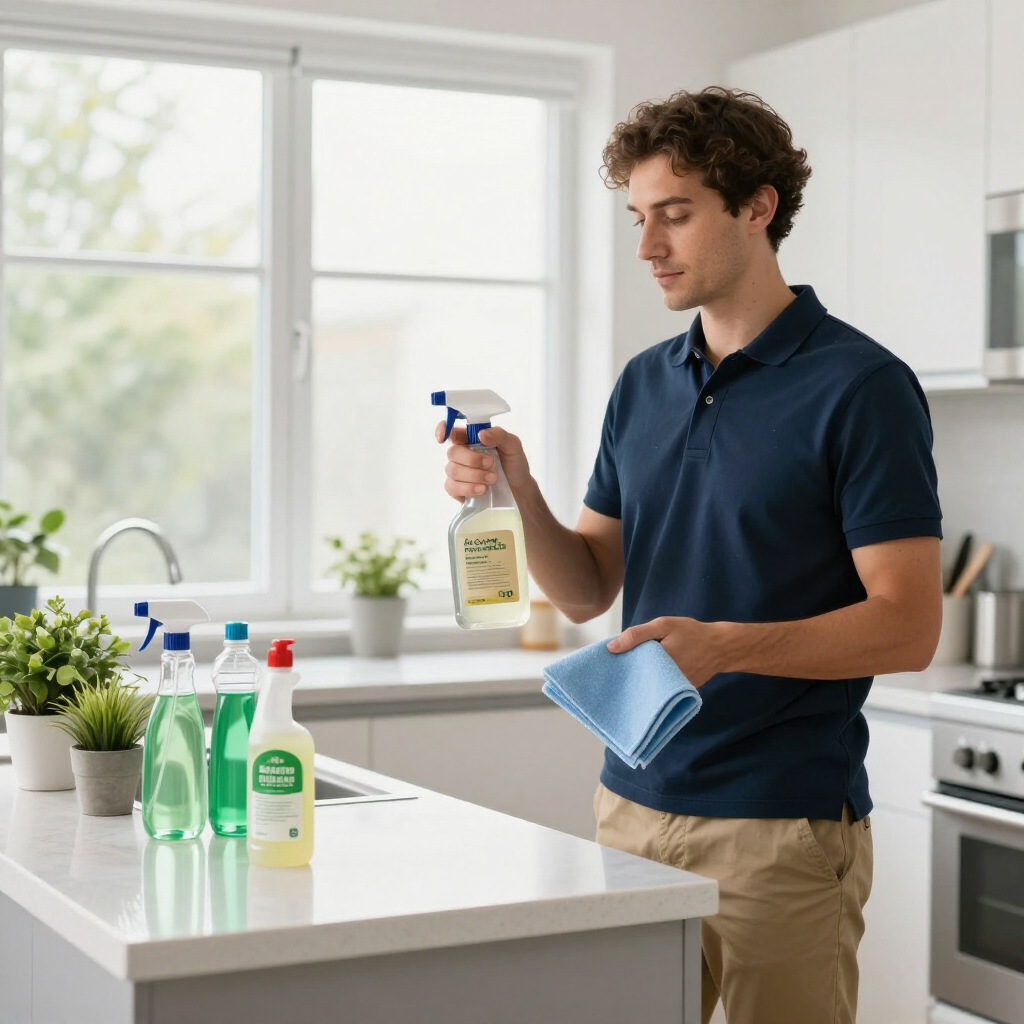 Person cleaning a kitchen counter with spray cleaner and cloth beside assorted cleaning bottles