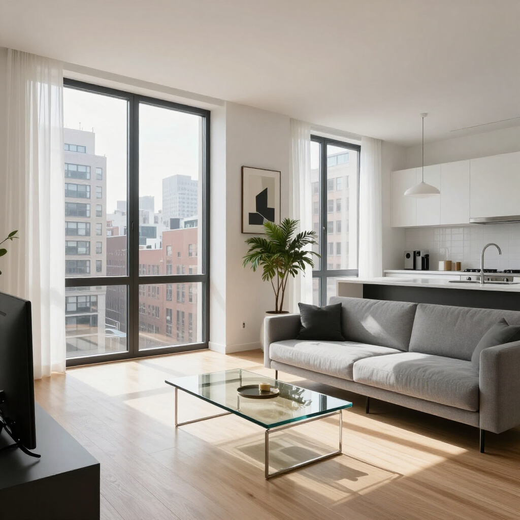 Modern living room with gray sofa, glass coffee table, large windows, and city view adjacent to a kitchen