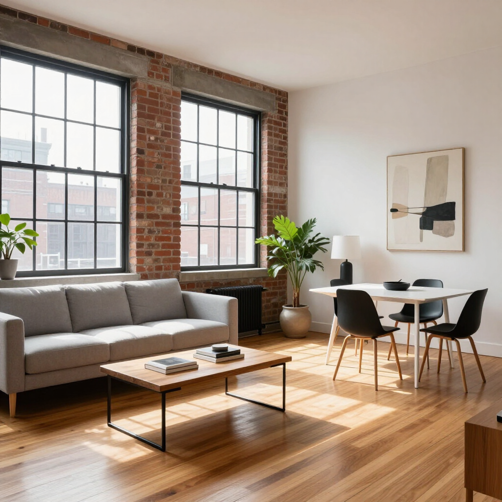 Bright modern living room with gray sofa, coffee table, dining set, and large windows with brick walls