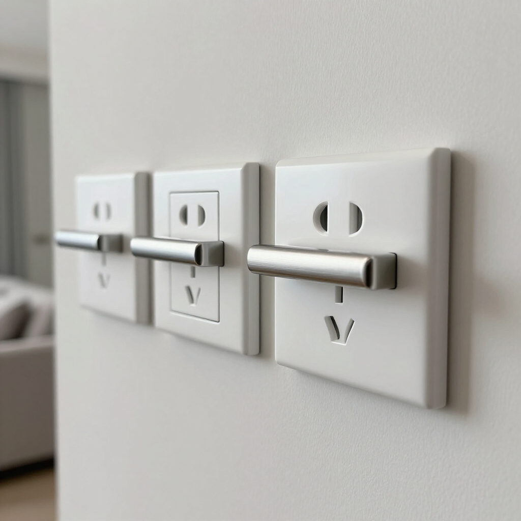 Three white wall outlet covers with horizontal safety bars on a light gray wall