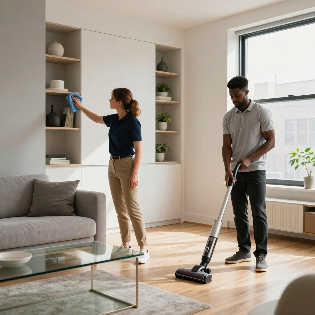 Two people cleaning a bright living room, one dusting shelves and one vacuuming the floor.