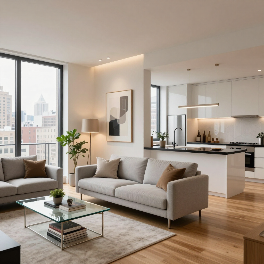 Bright modern living room with gray sofa, glass coffee table, and open kitchen with city view
