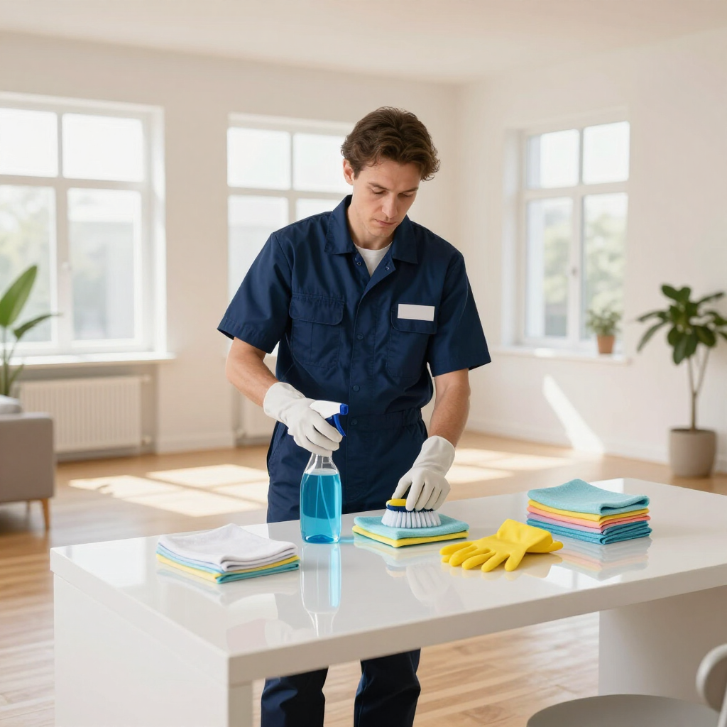 Person in blue coveralls and gloves cleaning a table with spray bottle and cloth in a bright room
