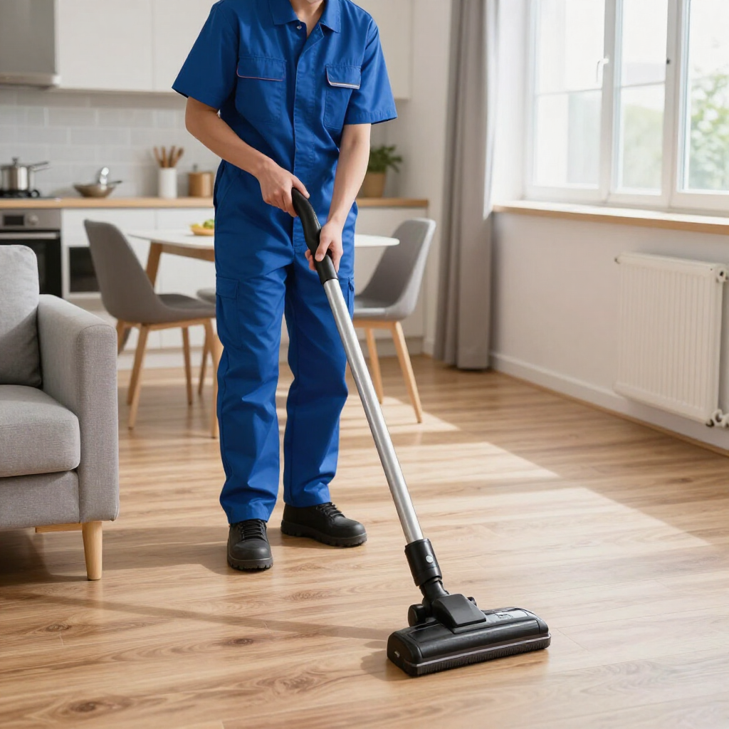 Worker in blue uniform vacuuming a bright wooden floor in a modern home
