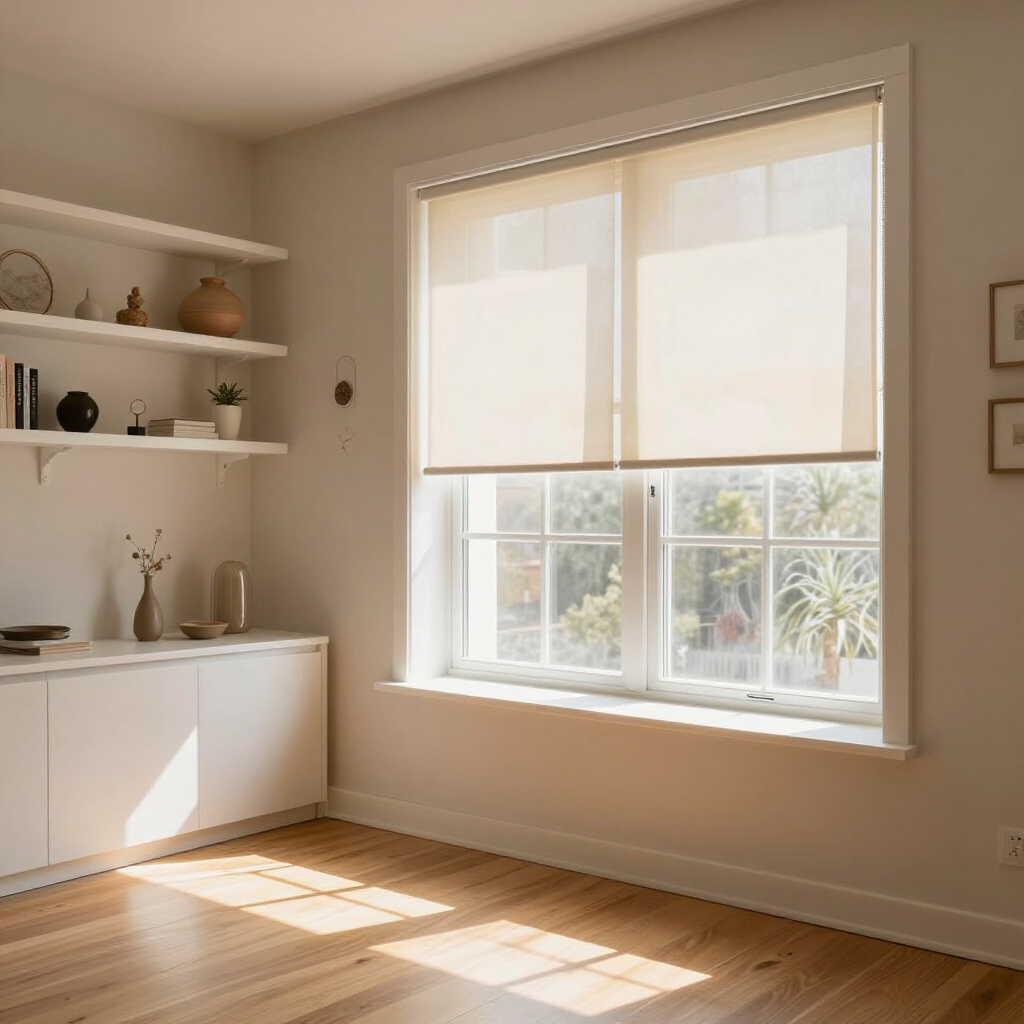 Sunlit minimalist room with white shelves, cabinet, and a large window casting shadows on the wooden floor