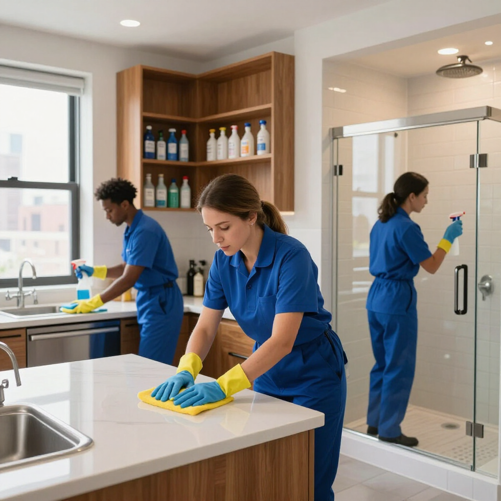Cleaning crew in blue uniforms disinfecting a modern kitchen and bathroom area