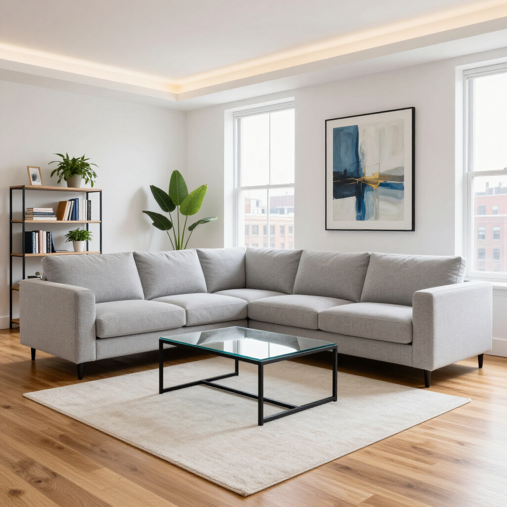Bright modern living room with a gray sectional sofa, glass coffee table, rug, plants, and large windows