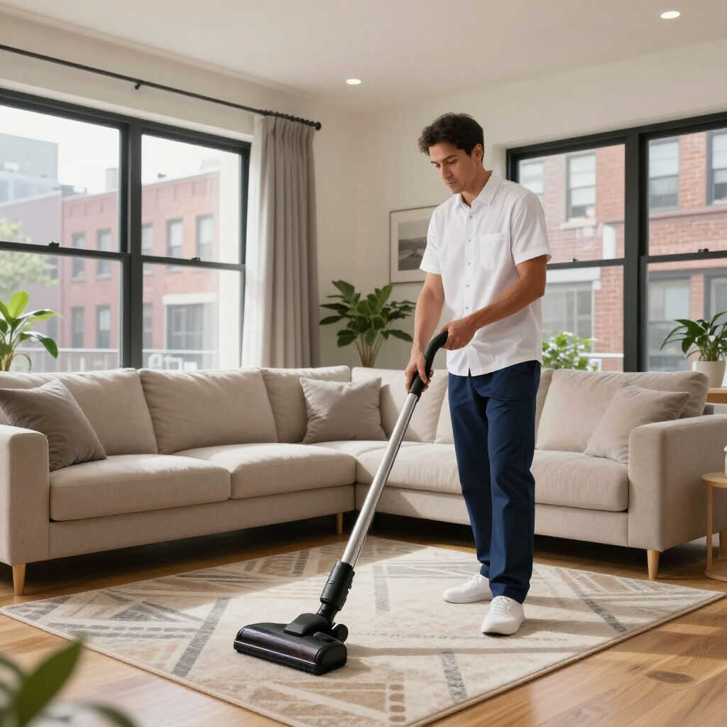 Person vacuuming a beige rug in a bright living room with large windows and a sectional sofa