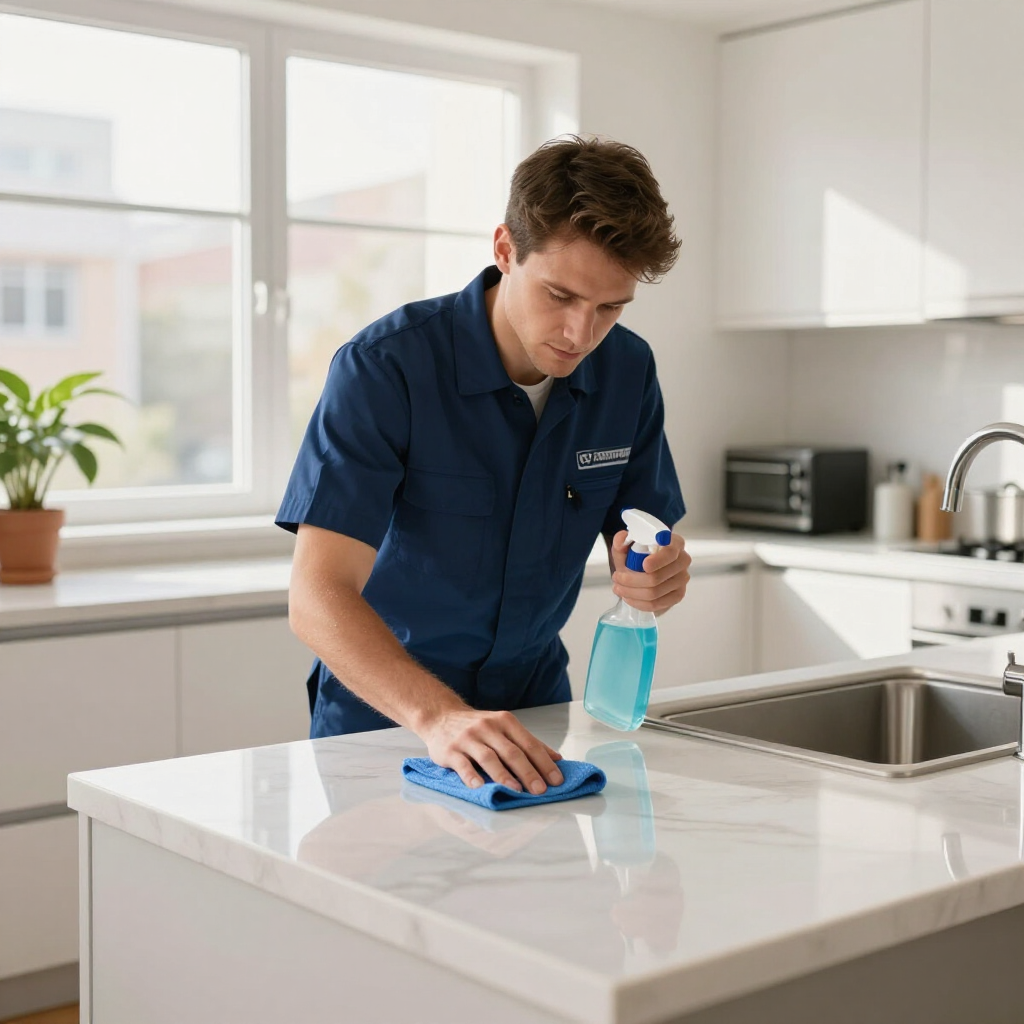 Man cleaning a white kitchen counter with a blue cloth and spray bottle in a bright modern kitchen