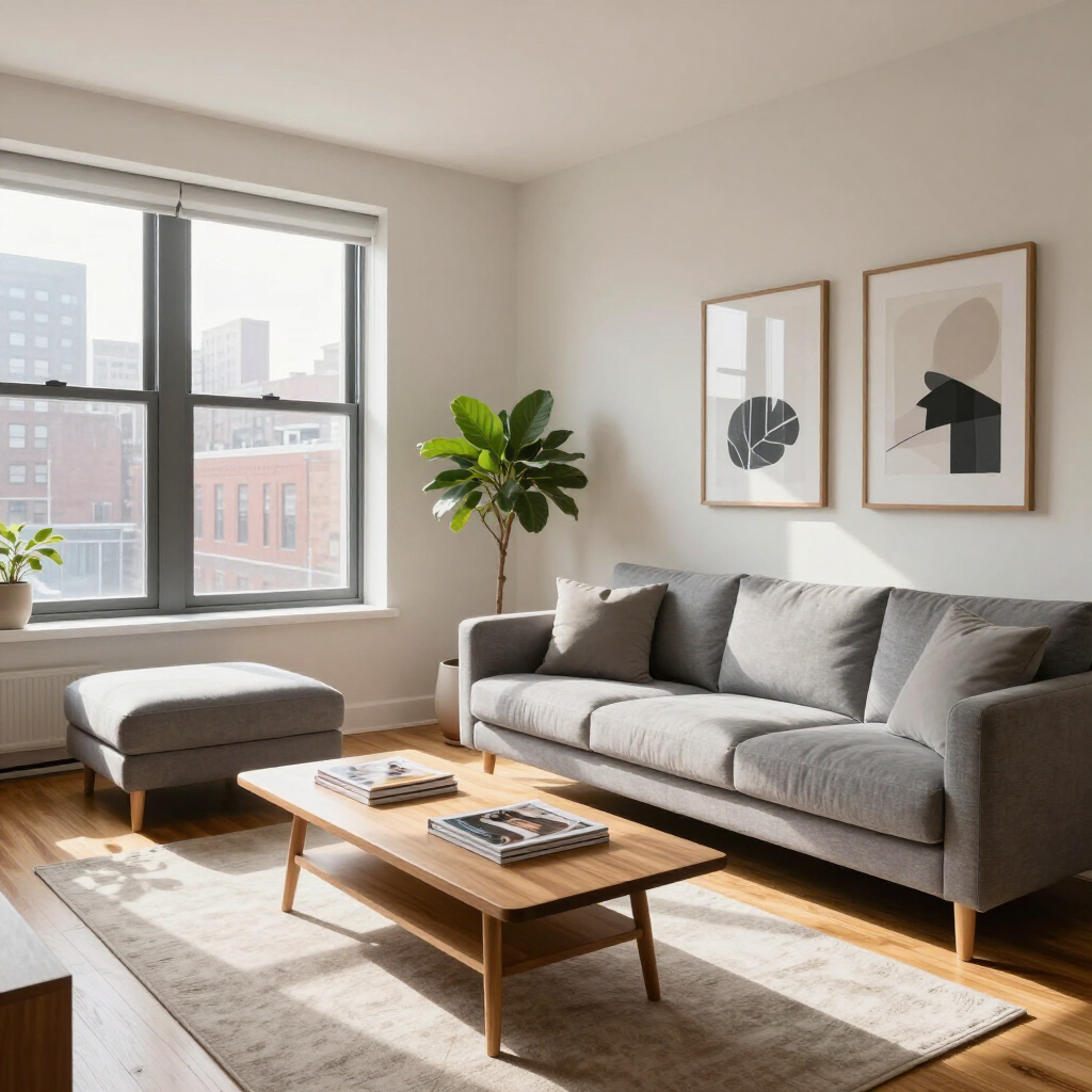 Modern living room with gray sofa, wooden coffee table, ottoman, plants, and wall art by a bright window